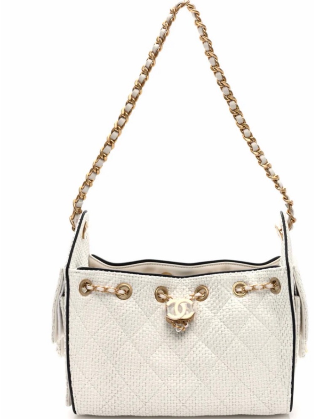 CHANEL 25 Cream Quilted Drawstring Shoulder Bag with Gold Chain
